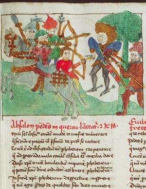 The death of Absalom: hanging by his hair in an oak-tree, he is pierced by Joab