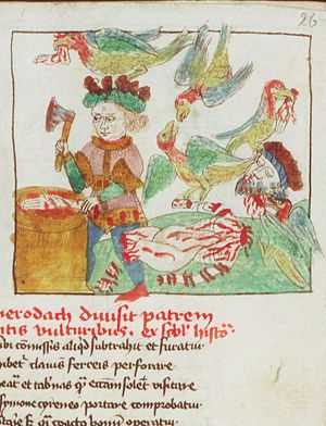 King Evilmerodach tears the corpse of his father into three hundred pieces and feeds the birds