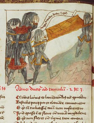David goes behind the bier at the burial of Abner