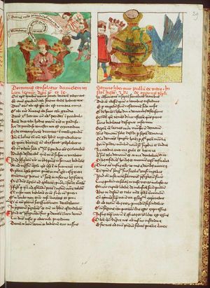 Habakkuk, carried by an angel, brings food to Daniel in the lion's den