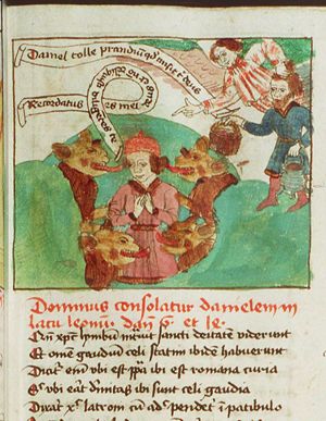 Habakkuk, carried by an angel, brings food to Daniel in the lion's den