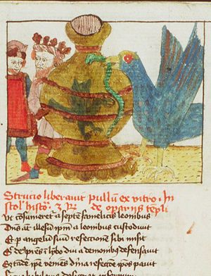 The ostrich frees his young from the glass with the reptile's blood