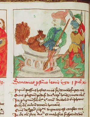 Benaiah, two men, and a lion in a pit