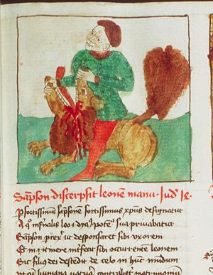 Samson kills a lion with his bare hands