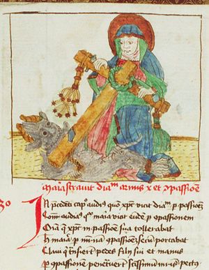 Compassio Mariae: Mary conquers the devil with the Instruments of the Passion