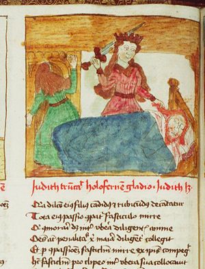Holofernes beheaded by Judith with his own sword; the maidservant keeping watch