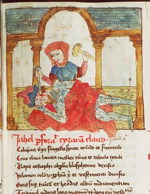 Jael kills the sleeping Sisera by hitting a nail through his temple