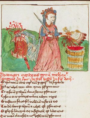 The vengeance of Tomyris: Tomyris with the head of king Cyrus to be dipped into a vessel of human blood