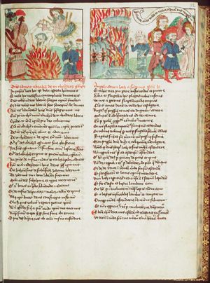 King Nimrod condemns Abraham to be cast into the fire of the Chaldeans; he is miraculously rescued by God