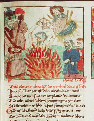 King Nimrod condemns Abraham to be cast into the fire of the Chaldeans; he is miraculously rescued by God