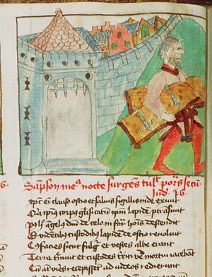 Samson carries the doors of the city-gate of Gaza to the top of a hill