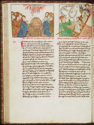 The Ascension: Christ ascends into heaven above Mary and the apostles, leaving his footprints on the Mount of Olives