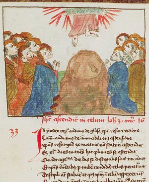 The Ascension: Christ ascends into heaven above Mary and the apostles, leaving his footprints on the Mount of Olives
