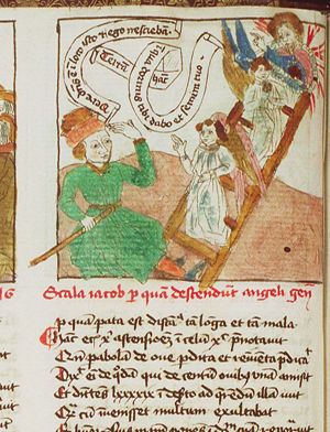 The dream of Jacob: while sleeping on the ground with a stone for pillow Jacob sees a ladder reaching from earth to heaven, with angels ascending and descending and God at the top of the ladder