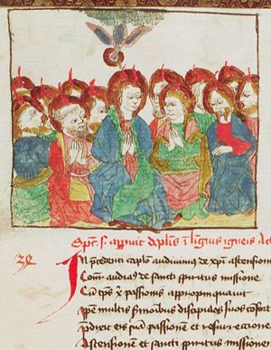 Pentecost: the Holy Spirit descends upon Mary and the apostles