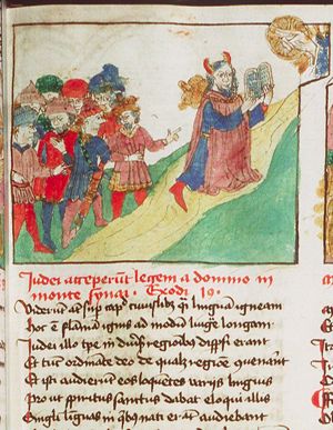 Moses tells the elders to stay behind, ascends Mount Sinai and receives the Tables of the Law