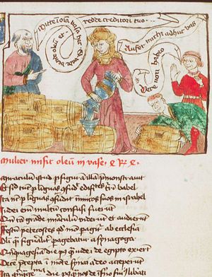 The widow's oil: the widow and her son are filling many borrowed jars with oil, complying with Elisha's orders