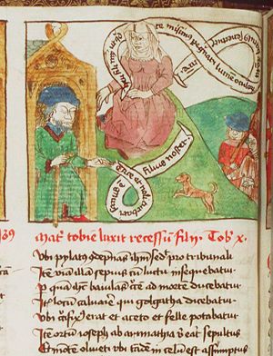 Anna sees Tobias and the angel coming; Tobias' dog arrives, and Tobit hurries to the door