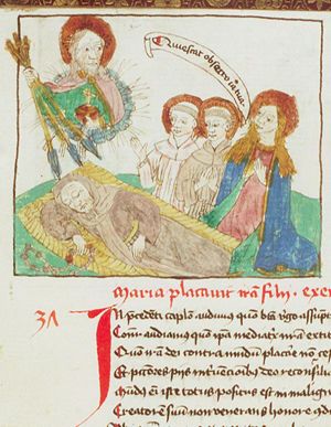 The Virgin Mary, interceding for mankind; St. Dominic sleeping; Christ brandishes three spears