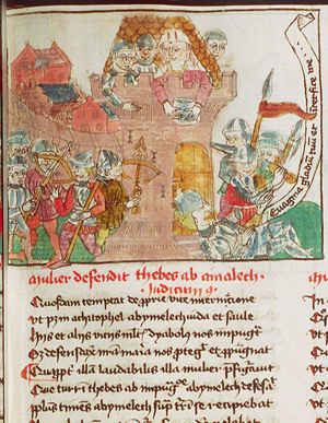 Abimelech, king of Shechem, is struck on the head by a millstone thrown by a woman; at his own request Abimelech is killed by his armour-bearer