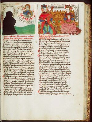 Maria mediatrix: Mary showing Christ one of her breasts (damaged: the figure of Mary is cut out of the page)