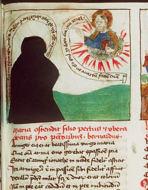 Maria mediatrix: Mary showing Christ one of her breasts (damaged: the figure of Mary is cut out of the page)