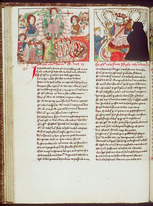 Last Judgement: Christ in a mandorla raises the dead in the presence of Mary and St. John the Baptist; trumpeting angels; the division of the blessed and the damned