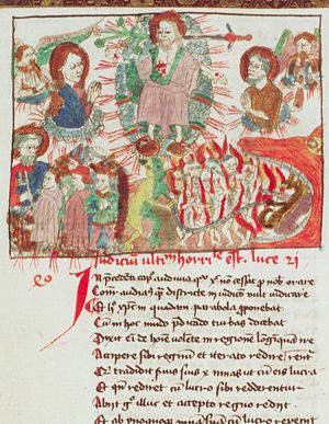Last Judgement: Christ in a mandorla raises the dead in the presence of Mary and St. John the Baptist; trumpeting angels; the division of the blessed and the damned