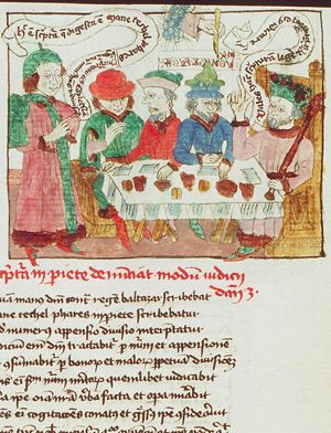 During Belshazzar's banquet a hand appears and writes on the wall (MENE, MENE, TEKEL and PARSIN (UPHARSIN))