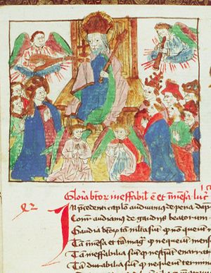 Heaven: Christ enthroned together with Mary, angels and the blessed