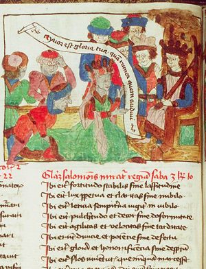 Solomon, enthroned, receiving the queen of Sheba, who is bringing gifts