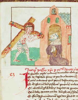 A monk meditating about the stages of the passion: carrying of the cross