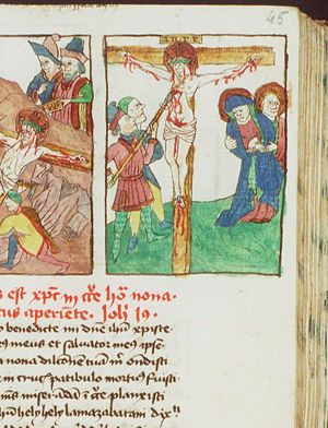 Stations of the cross (11): Crucifixion, with Mary, St. John and others; Longinus piercing Christ's body