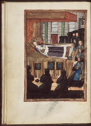Anne of Brittany (Bretagne) lying on her deathbed, surrounded by mourners