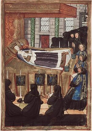 Anne of Brittany (Bretagne) lying on her deathbed, surrounded by mourners