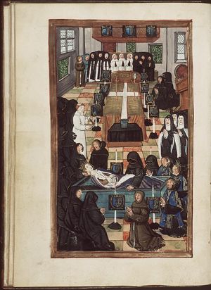 Anne of Brittany (Bretagne) being placed in her coffin, surrounded by members of the court and monks