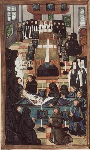 Anne of Brittany (Bretagne) being placed in her coffin, surrounded by members of the court and monks