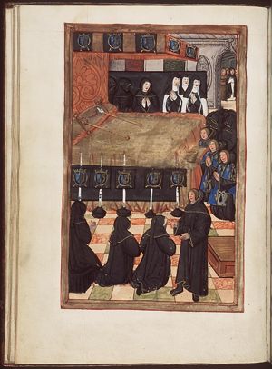 The funeral parlour with the sceptre and 'main de justice' lying on a bed, being blessed and sprinkled with holy water