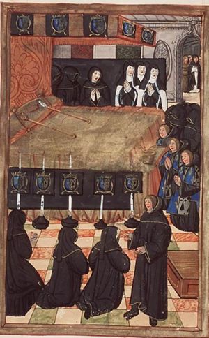 The funeral parlour with the sceptre and 'main de justice' lying on a bed, being blessed and sprinkled with holy water
