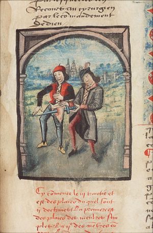 Physician pulling a sword from the upper leg of a man