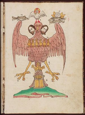 Symbol of St. John: eagle, with (1) the Trinity (the Holy Spirit as a dove), (2) six wine jars, (3) crown, (4) bucket, (5) fish, (6) five loaves and two fishes, Host
