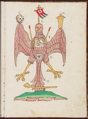 Symbol of St. John: eagle, with (7) banner of the Agnus Dei (without lamb), (8) couple committing adultery (both holding a torch), (9) eye, (10) shepherd's crook, (11) skull, (12) ointment-jar