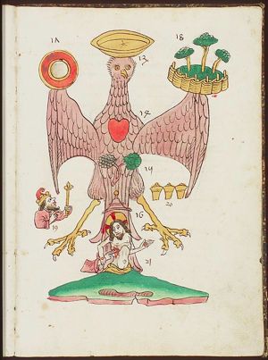 Symbol of St. John: eagle, with (13) wash basin, (14) heart, (15) vine-tendril, (16) Jew-hat, (17) paten, (18) Garden of Gethsemane, (19) mocker, (20) three ointment-jars, (21) Christ puts two fingers [of Thomas] in his wound