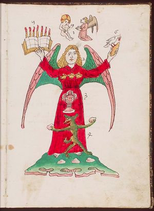 Symbol of St. Matthew: angel, with (1) Christ-child and kneeling angel, (2) three crowns, (3) baptismal font, (4) devil swaying stones, (5) opened book, seven candles, (6) bird (dove?) picking bread