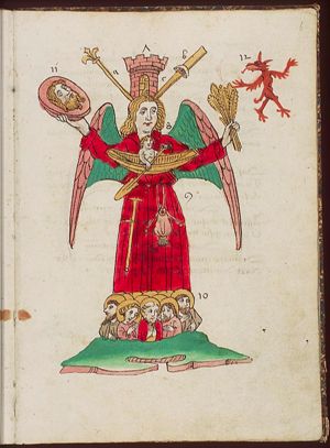 Symbol of St. Matthew: angel, with (7a) scepter of judgement, (7b) the beam in ones own eye, (7c) the straight gate, (8) rower, (9) crutch and purse(?) or bag(?), (10) the twelve apostles, (11) the head of St. John the Baptist on a platter, (12) devil and ears of corn
