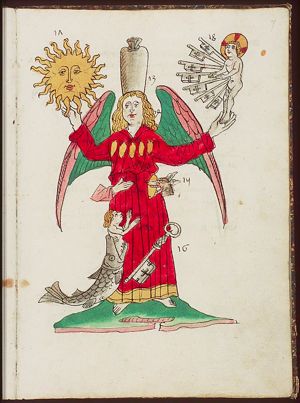 Symbol of St. Matthew: angel, with (13) sack of seeds, (14) five loaves [without fishes], (15) the [unwashed] hand, head of dog having bread [of the children] in its mouth, (16) Jonah is cast up by the great fish, key [attribute of St. Peter], (17) sun, (18) Christ-child with seven keys