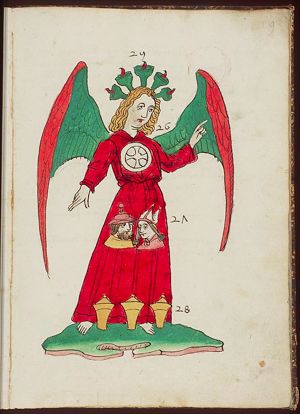 Symbol of St. Matthew: angel, with (25) five lamps [of the wise or foolish virgins], (26) Host, (27) busts of Pilate and high priest, (28) three ointment-jars