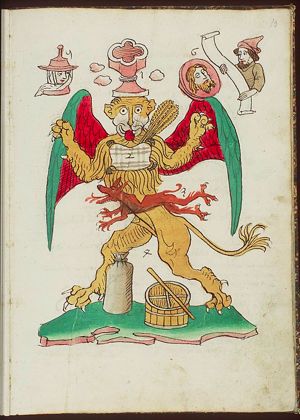 Symbol of St. Mark: lion, with (1) baptismal font, (2) cushion [bed of the paralytic], (3) fleeing devil, (4) sack of seeds, barrel [bushel?], (5) bust of a woman, (6) prophet, the head of St. John the Baptist on a platter