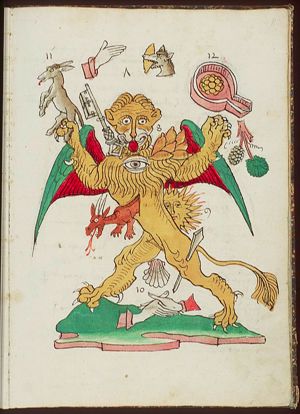 Symbol of St. Mark: lion, with (7) the [unwashed] hand, head of dog having bread [of the children] in its mouth, (8) seven loaves, key [attribute of St. Peter], eye, (9) sun, devil, (10) scallop [attribute of St. James the Great], #nail/clinch(?)#, two clasped hands, (11) ass's foal, (12) money box, vine-tendril