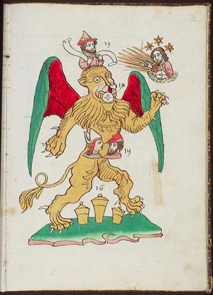 Symbol of St. Mark: lion, with (13) prophet [Daniel], Christ of the Last Judgement, on clouds, with sunrays and stars, (14) chalice, Host, (15) busts of high priest and firstborn(?), (16) three ointment-jars